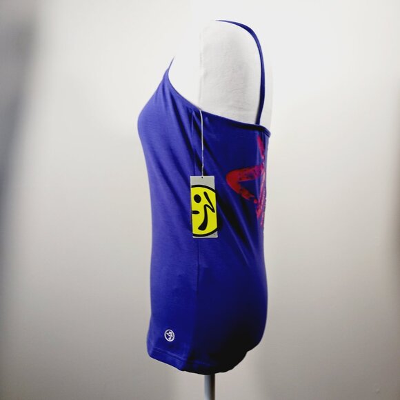 Zumba, NWT, Spaghetti Tank, Amethyst Color, Splatter Paint Print on Back, Size L - Picture 5 of 15